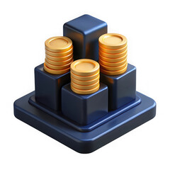 Golden coin stacks on dark blue geometric pedestals isolated on transparent background