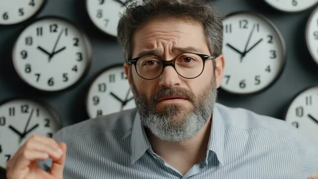 Anxious middle-aged male surrounded by numerous clocks conveys a sense of time pressure. A worried expression with glasses on, highlighting the burden of deadlines.