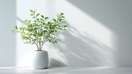 Sunlit Greenery Minimalist Plant in White Pot Against a Bright Wall