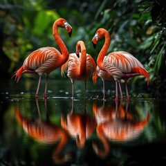 Fototapeta premium Flamingo Group Standing In Water Reflection isolated on a transparent backgroun