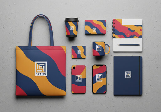 Comprehensive Brand Identity Mockup: Vibrant Stationery, Tech, and Apparel Set with Custom Logo and Abstract Wave Design on Grey Background.