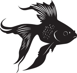 Fototapeta premium Goldfish at rest body motionless in the water, fins relaxed, and tail gently curled in a full-length silhouette.