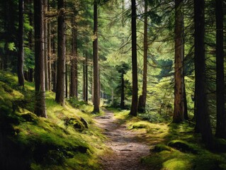 Fototapeta premium Forest Path Sunlit Pine Trees Dappled isolated on a transparent backgroun