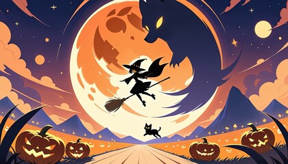 Halloween scene with witch and spooky wolf.