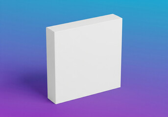Blank White Box Mockup: Simple Product Packaging Standing Vertically on a Smooth Blue to Purple Gradient Background.