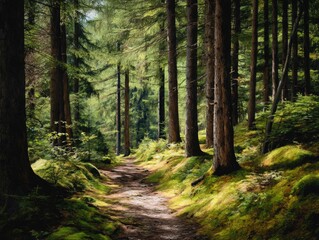 Fototapeta premium Forest Path Sunlit Pine Trees Dappled Light isolated on a transparent backgroun