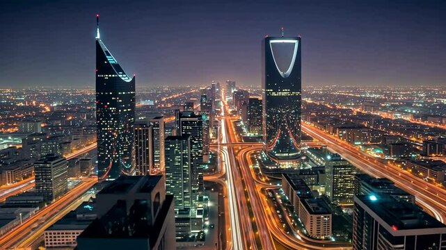 Riyadh Saudi Arabia: Night Cityscape with Highway Traffic and Modern Architecture.