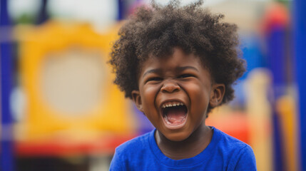 Joyful moments of a laughing boy enjoying a fun day at the playground with vibrant play equipment in the background