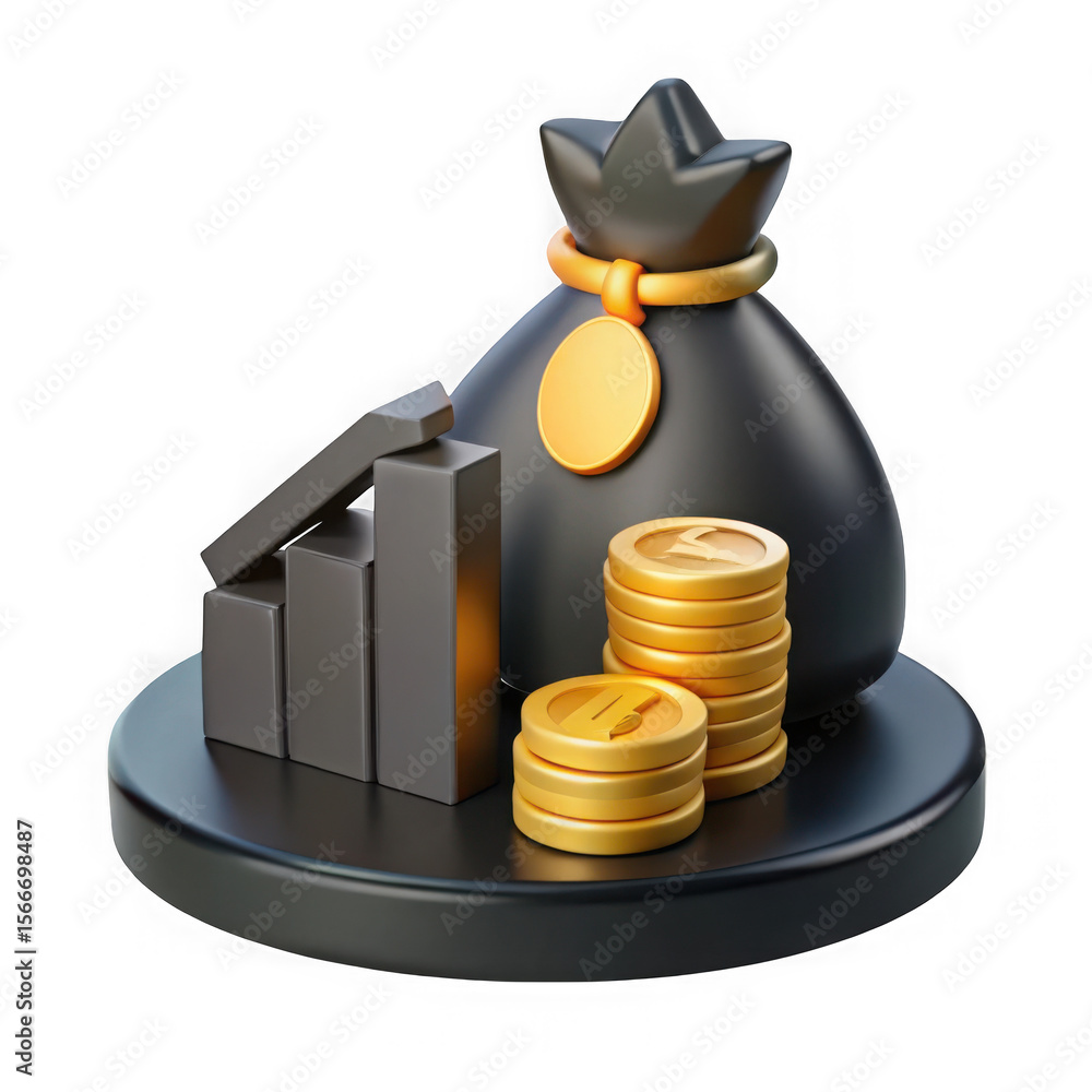 Poster 3d render of a money bag with growing bar chart and stacked coins isolated on transparent background
