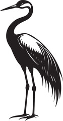 Obraz premium Crane lounging standing still with wings neatly tucked, neck bent, and body at ease in a black vector outline.