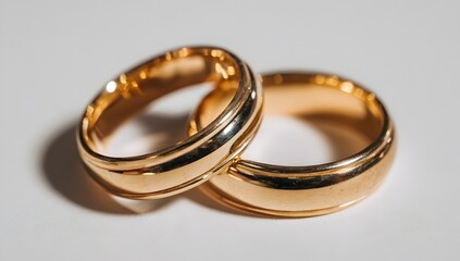 A pair of gold wedding rings on white background
Two golden wedding rings interlocking, symbolizing love and commitment