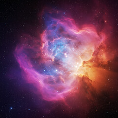 A stunning, colorful heart-shaped nebula glowing in the vastness of space. A cosmic symbol of love, creation, and universal beauty.
