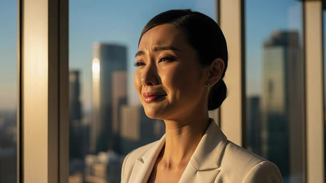 Beautiful businesswoman crying near office windows, work problems