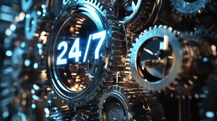 Mechanical gears interlock in a complex design, showing the digital display of 24/7 in bright blue light. The setting emphasizes technological innovation and precision