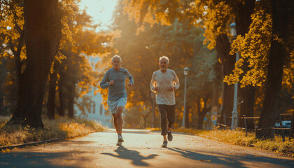 Two senior men jogging together in park during autumn at golden hour