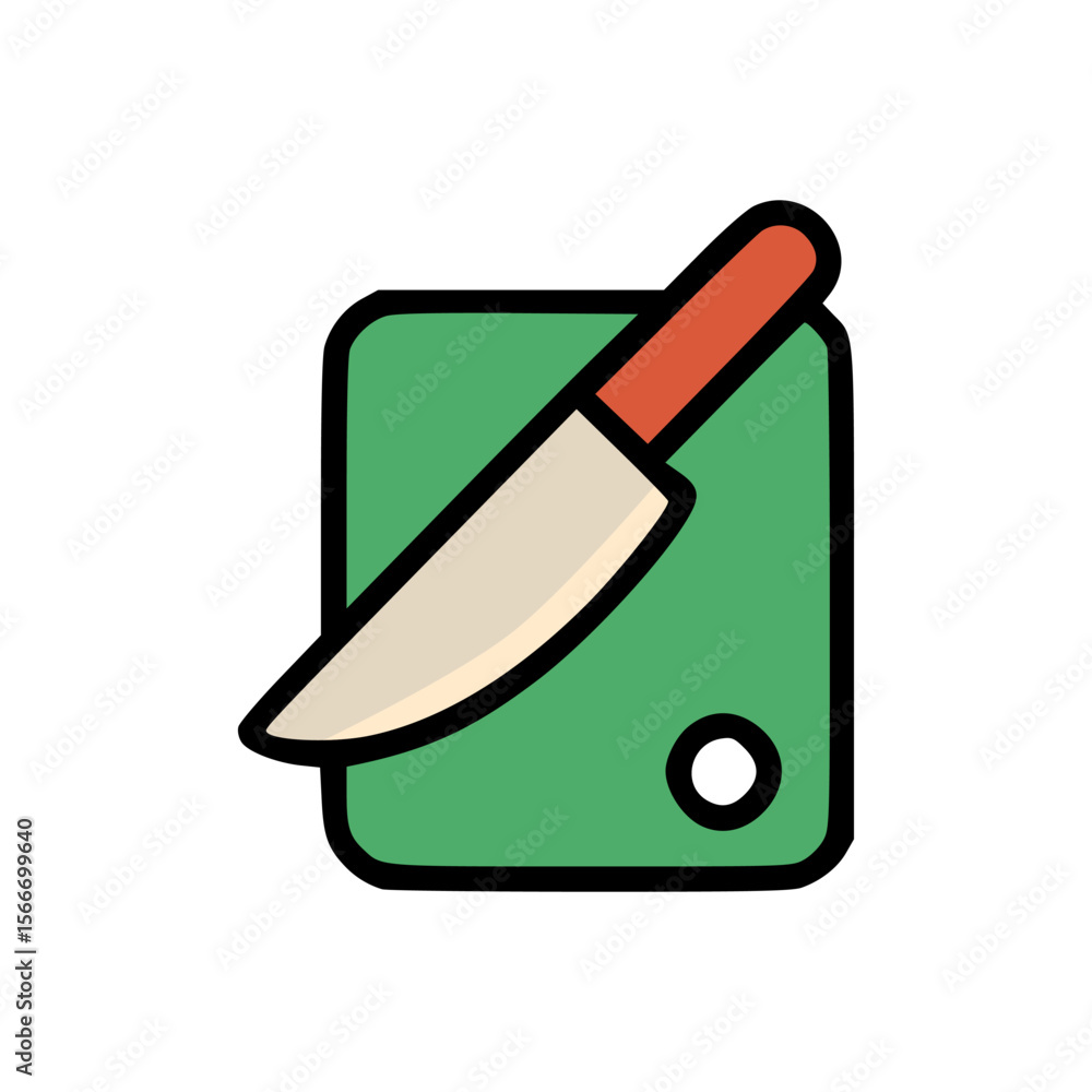Poster minimal design of a food preparation tool showing a green cutting board with a sharp knife for cooki