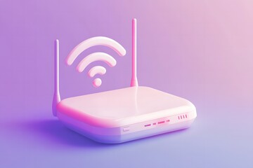 3D illustration of Modern Wi-Fi Router with Signal Waves in a Vibrant Purple Gradient Background