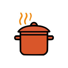 Flat kitchenware symbol showing a red cooking pot with steam indicating active cooking or food preparation process