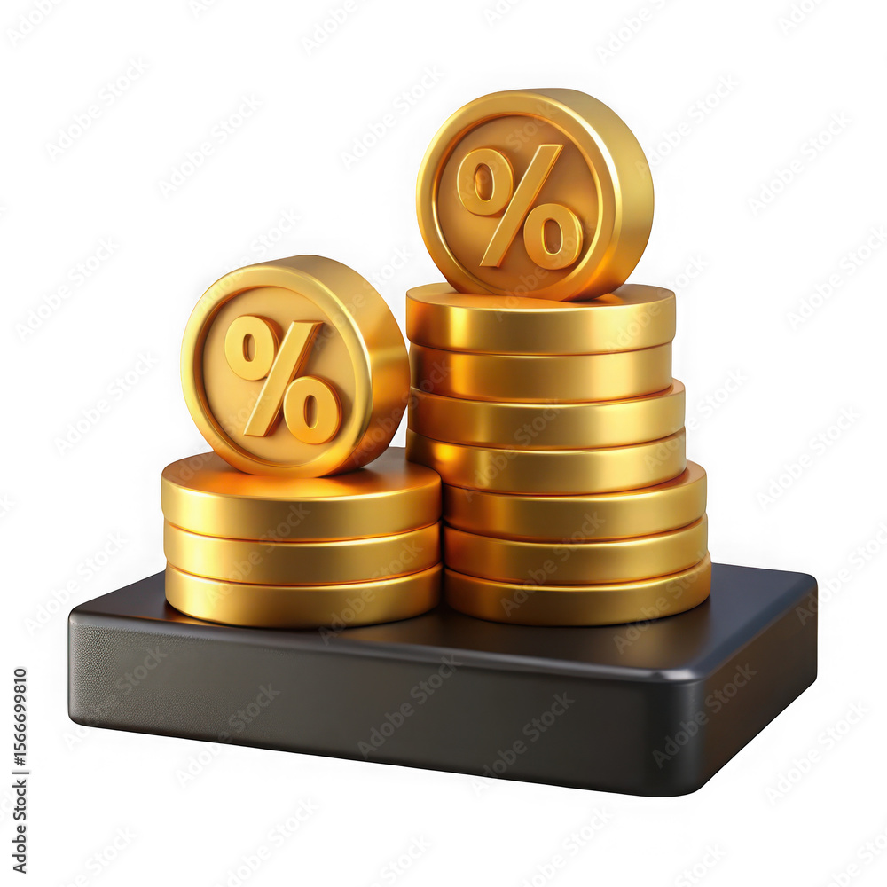 Poster golden coins with percentage symbol stacked on a black base isolated on transparent background