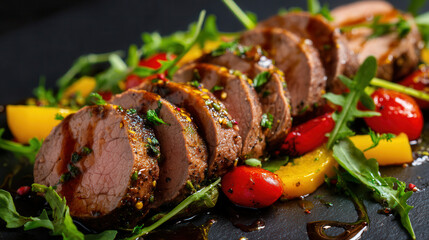 Sliced beef fillet garnished with arugula, cherry tomatoes, and yellow bell peppers in rich balsamic sauce on a dark textured surface