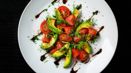 Vibrant avocado and tomato salad with balsamic dressing showcases fresh ingredients for a healthy meal
