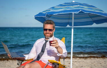 Businessman on summer vacation. Online freelance. Businessman remote worker laptop. Business man...