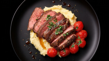 Succulent medium-rare beef steak with creamy mashed potatoes and ripe tomatoes on a black background for a gourmet dining experience