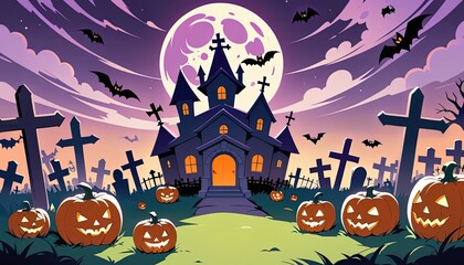 Halloween scene with haunted house and pumpkins in graveyard.