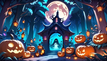 Halloween night scene with pumpkins and a spooky archway.