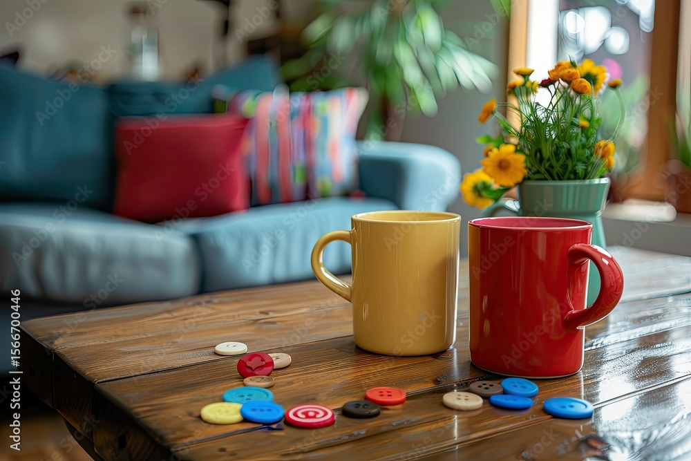 Poster flawless picture of a table with coffee mugs and colorful buttons on it