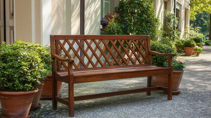 Elegant outdoor wooden bench surrounded by flowers and greenery, perfect for relaxation and gatherings