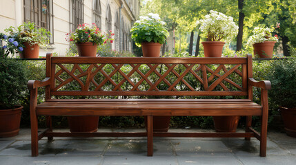 Elegant wooden bench with armrests surrounded by vibrant flower pots in a serene outdoor setting
