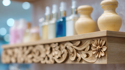 Elegant wooden shelf adorns a beauty salon with intricate floral carvings and colorful cosmetic products displayed in bright lighting