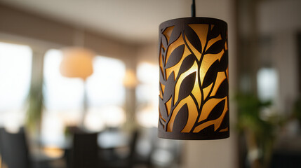 Elegant wooden pendant lamp with leaf cut-out design enhances modern living space ambiance