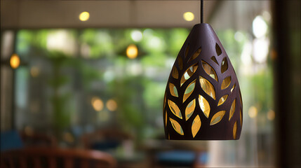 Elegant wooden pendant lamp with leaf cut-out design enhancing modern living space ambiance