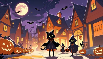 Halloween night scene in a quaint village street.