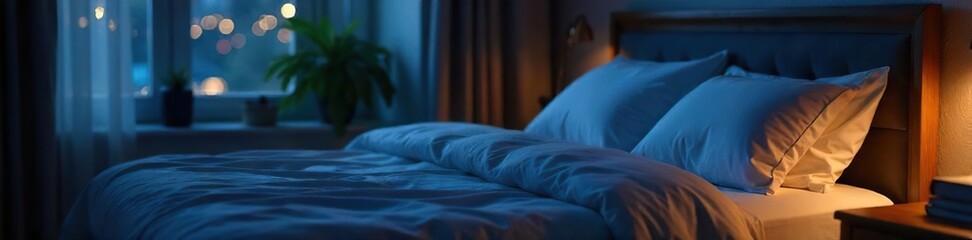 Serene Nighttime Bedroom Soft Blue Lighting on a Neatly Made Bed, Perfect for Relaxation and Peaceful Sleep Imagery