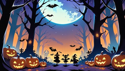 Halloween night scene in a spooky forest with pumpkins.