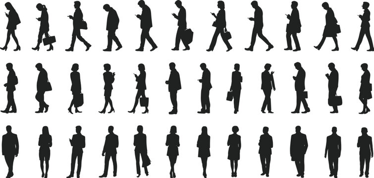 Business people walking silhouette vector illustration set, diverse man and woman office worker figure design, urban street people icon collection