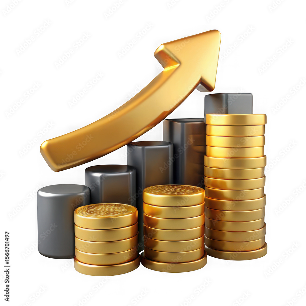 Poster golden arrow pointing upwards over stacks of coins and grey bars isolated on transparent background