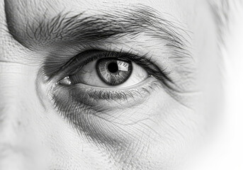 A closeup of a human eye in black and white
