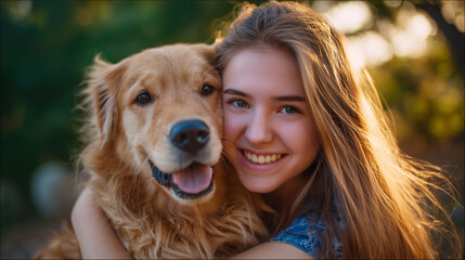 A young woman hugging her golden retriever, showing love and affection, happy moments, outdoor bonding, joyful pet friendship, warm emotions, sunny day, cozy connection.