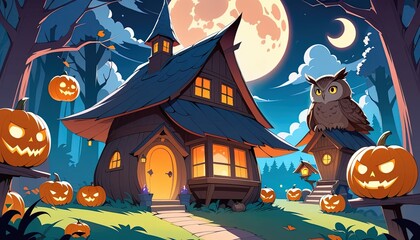 A charming autumnal village at night.