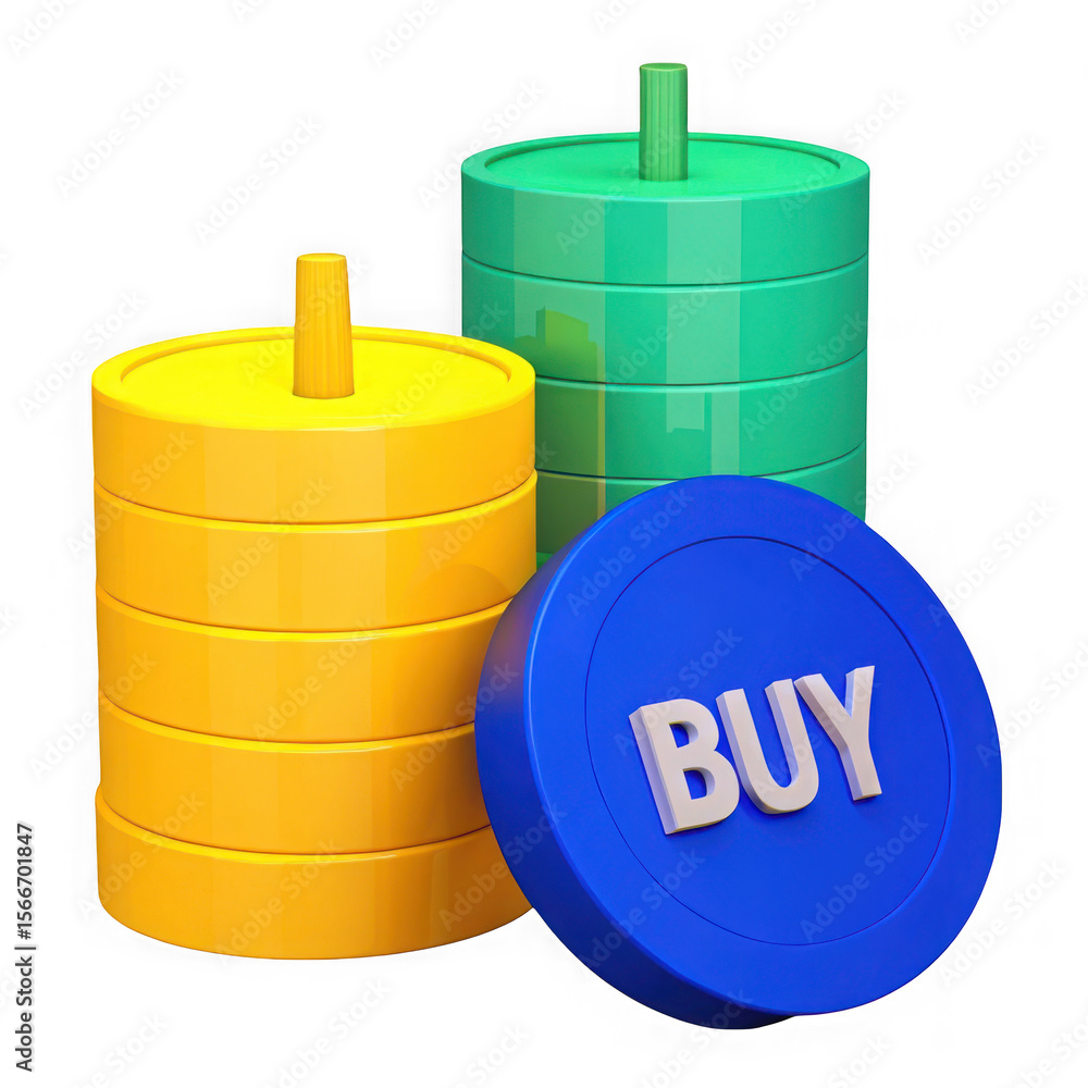 Poster colorful stacked coins and buy button representing financial transactions isolated on transparent ba