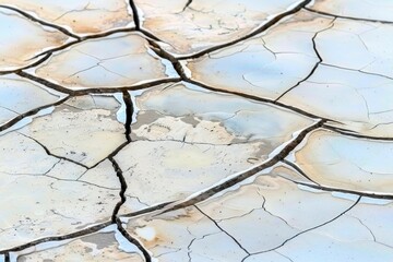 Cracked ground surface reveals dry earth patterns under a bright sky at midday