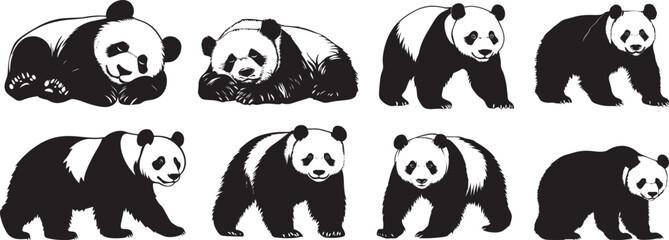 Panda Sniffing Nose forward, body slightly crouched, alert posture. full length silhouette black vector illustration