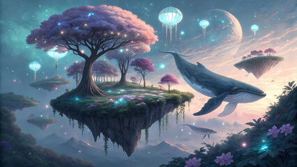 Dreamscape fantasy art floating islands whales surreal landscape ethereal nature magical realm illustration