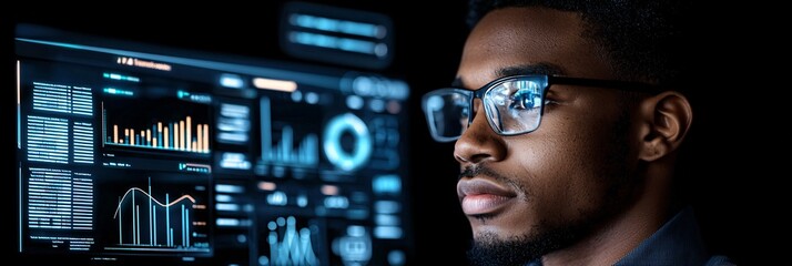 advanced data analysis and cybersecurity vision of a young male tech expert in dark mode