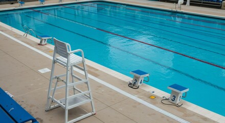 Obraz premium Empty swimming pool with lane lines and starting blocks. Aquatic center for swim competition or sport training.