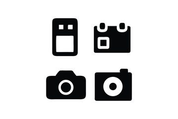 Modern Minimalist Black and White Icon Set: Camera, Calendar, and Data Storage Symbols for Digital Technology and Organization.